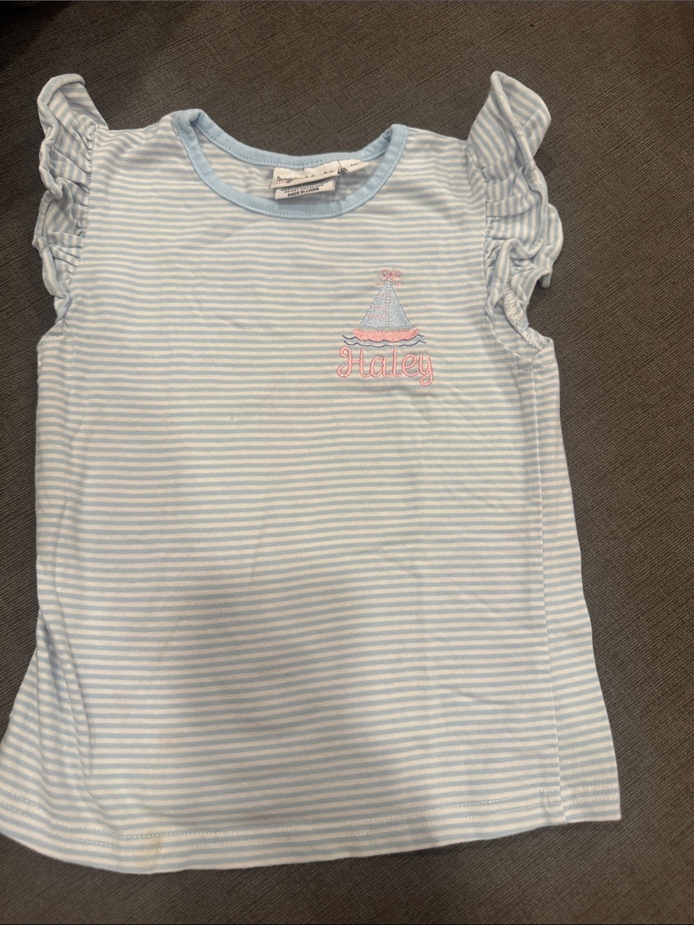 Light Blue Striped Girls' Ruffle Sleeve Top with Sailboat Embroidery
